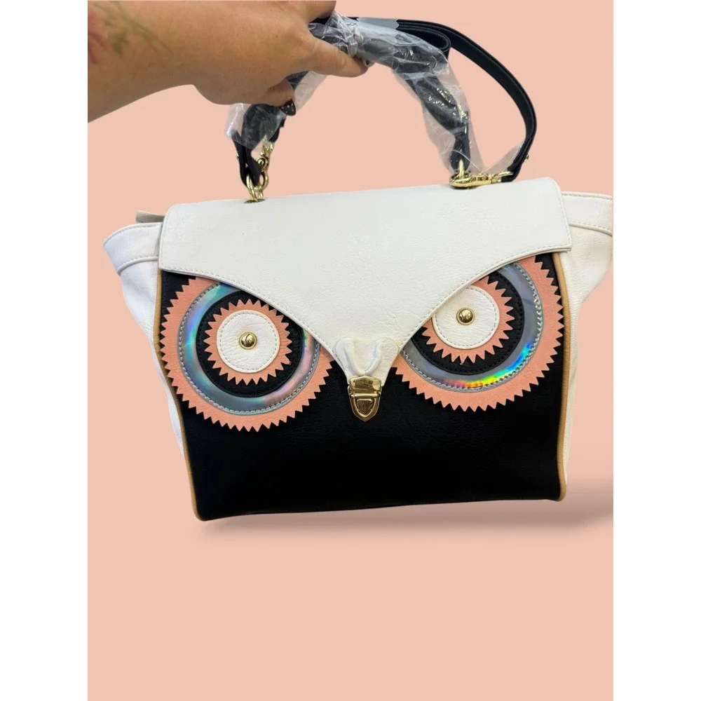 Rara Avis by Iris Apfel Owl Satchel Bag Black White Iridescent Novelty Handbag